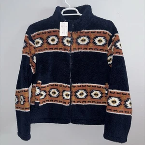 Chaqueta Lucky Brand Mujer L Sherpa Azteca Suroeste Azul Pila Alta Bolsillos Polares - Imagen 1 de 19