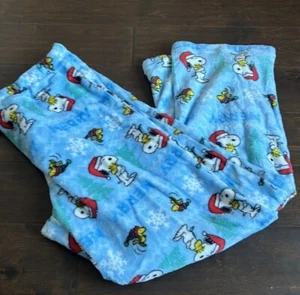 Peanuts womens Christmas Trees Snoopy Snowflakes Plush Pajama Pants New L Blue - Picture 1 of 2
