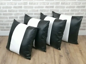 22" (56cm) 2 or 4 Black/White Panelled Faux Leather Sofa Cushion & Cover Sets - Picture 1 of 5