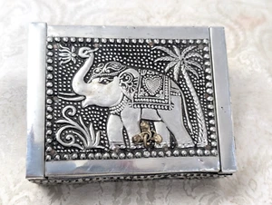 Hammered Silver Tin Metal Trinket Box with Elephant Palm Tree - Picture 1 of 13