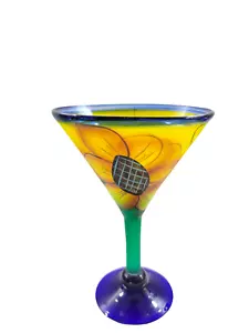 Mexican Hand Painted Margarita Glass Goblet Sunflower & Butterfly 8”x5” - Picture 1 of 14
