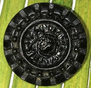 Antique Jet Black Glass Button Lacy Floral Relief Loop Shank 11/16" - Picture 1 of 6