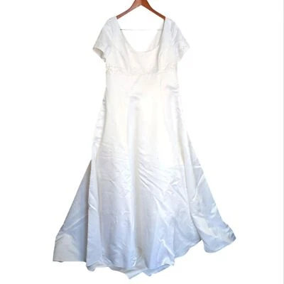 90s Vintage Barbra Allin White Satin Cap Sleeve A-Line Wedding Dress Size 20 - Image 1 of 4