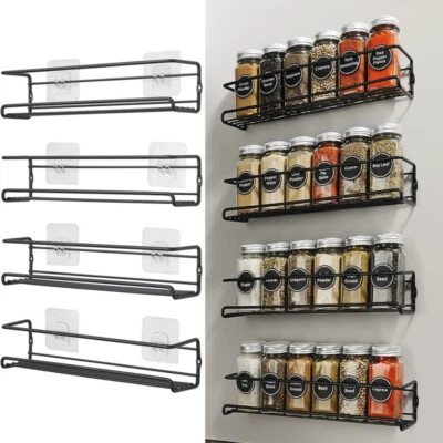 4x Kitchen Metal Spice Herb Jar Rack Cupboard Door Wall Storage Organiser Holder - Image 1 of 2