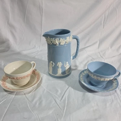 Wedgwood Etruria & Barlaston Embossed Queensware Pitcher, Saucer&cup  Blue/White - Image 1 of 4