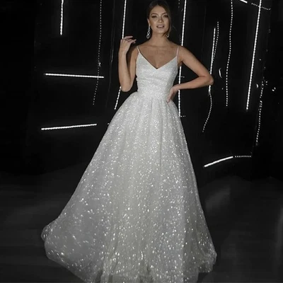 Glitter A-Line Wedding Dresses Spaghetti Strap Sleeveless Lace Sequin Bride Gown - Image 1 of 4
