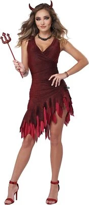 Red Hot & Sizzling Devil Girl Sexy Demon Fancy Dress Up Halloween Adult Costume - Image 1 of 2