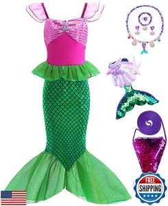 bibeikele Girls Mermaid Costume Dress UP Outfit Kids Cosplay with Necklace Me - Picture 1 of 5