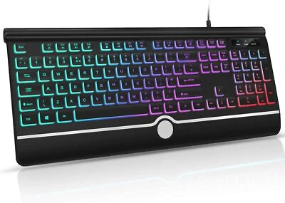 Wired Backlight Keyboard Rainbow Illuminated Gaming QWERTY Wrist Support Black - Image 1 of 4