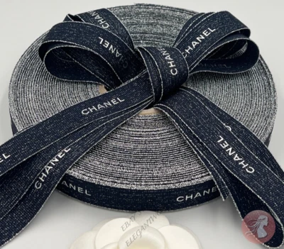 Chanel Navy With Silver Font Gift Wrap Ribbon 1 Yard / 3 Feet (Width 3.4") - Image 1 of 3
