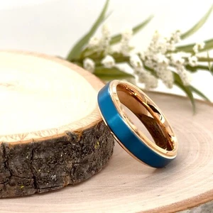 Unisex 6MM Blue & Rose gold Tungsten Ring Brushed Finish Polished Edges Band - Picture 1 of 4