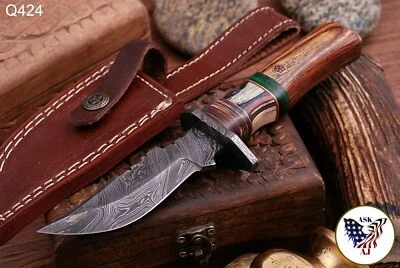 CUCHILLO DE CAZA DE ACERO DAMASCO FORJADO HECHO A MANO PERSONALIZADO CON MANGO DE MADERA + FUNDA Foto 1 de 4