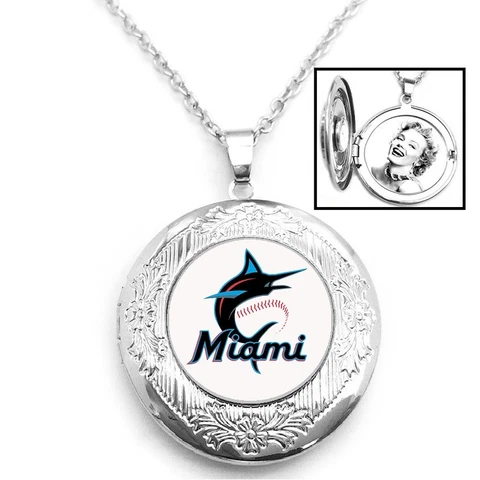 Miami Marlins Womens 925 Silver Link Chain Necklace And Photo Locket D16 Cover