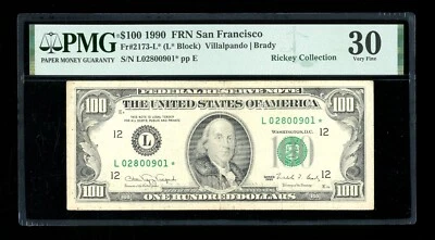 DBR 1990 $100 FRN STAR San Francisco Fr. 2173-L* PMG 30 Serial L02800901* - Image 1 of 2