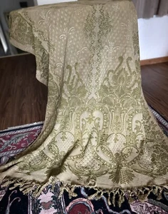 ANTICO COPRIPIANO CON FRANGE FLEUR-DE-LIS ⚜️ DESIGN TESSUTO FRANCESE VERDE VINTAGE - Foto 1 di 24