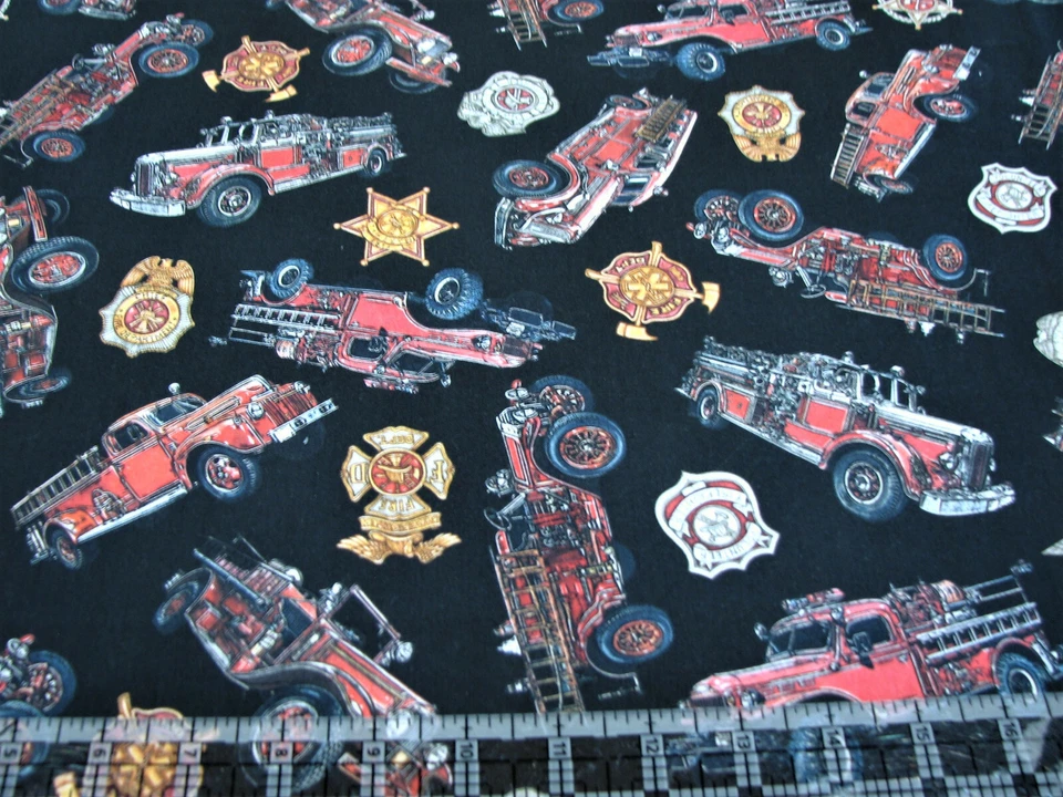 Firetruck Fire Badge Firefighter Trucks Cotton Fabric QT 5 Alarm by The Yard