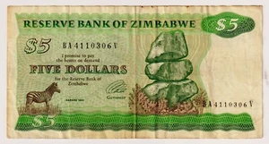 ZIMBABWE $5 (1994)  P-2e, Sign 3 Watermark A -Circulated  - "BA 4110306 V" - Picture 1 of 4