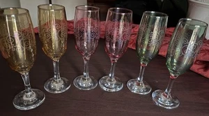 Rose, Gold, Green, Champagne Flutes. 2 Each Color, Etched - Picture 1 of 6