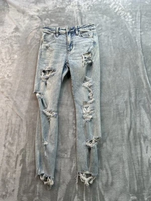 Pantalones de mezclilla American Eagle para mujer talla 2 azul regular tiro alto jegging corte elástico angustiado Foto 1 de 4