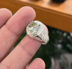 10 Carat Moissanite Sterling Silver 925 Handmade Mens Ring, Moissanite Ring - Picture 1 of 4