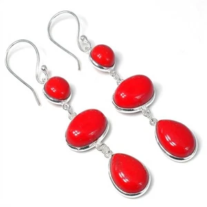 Red Coral Gemstone Handmade 925 Sterling Silver Jewelry Earring Size 2.5" - Picture 1 of 1
