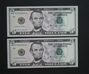 Two 2013  $5/Cleveland/Federal Reserve Notes/uncirculated/F-1996D/in sequence - Picture 1 of 18