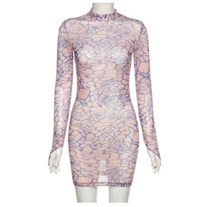 Women Mesh Fabric Finger Buckle Pattern Print See Through Slim Club Mini Dress B - Picture 1 of 11