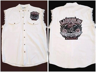 2013 Laughlin Biker Mens XL River Run Sleeveless Button Up Shirt Raw Hem White  - Image 1 of 4