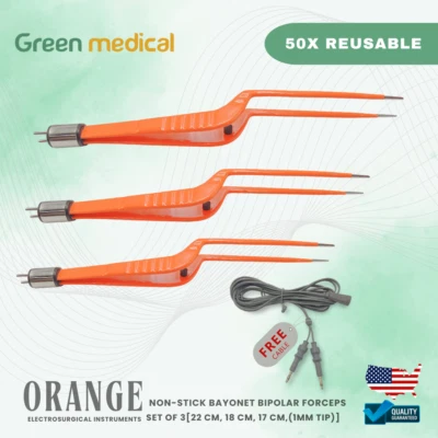 Juego de 3 pinzas bipolares antiadherentes punta de 1 mm | 22 cm 18 cm 17 cm | conector de 2 pines EE. UU. Foto 1 de 2