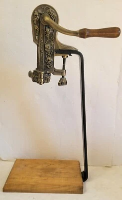 Rogar Estate Antique Brass Table Top Wine Bottle Opener w/ Wood Stand Corkscrew - Image 1 of 4