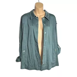 Soft Surroundings Womens Button Up M Roll Tab Green Shacket Shirt Loose Classic - Picture 1 of 14