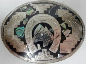 Fibbia da cintura vintage antica testa di cavallo/ferro di cavallo in acciaio inox made in Mexico! - Foto 1 di 11