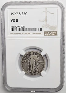 1927 S San Francisco Mint Standing Liberty Quarter 25c 90% Silver Coin NGC VG 8 - Picture 1 of 4