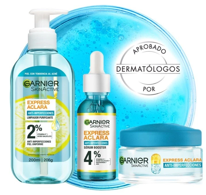 Kit Antiacne Express Aclara Gel Limpiador Sérum Crema Matificante Garnier️