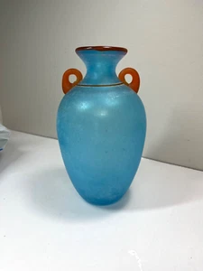 Vintage 1980er Franco Moretti Scavo Glas mattiert aquablau orange Doppelhenkel Vase - Bild 1 von 9