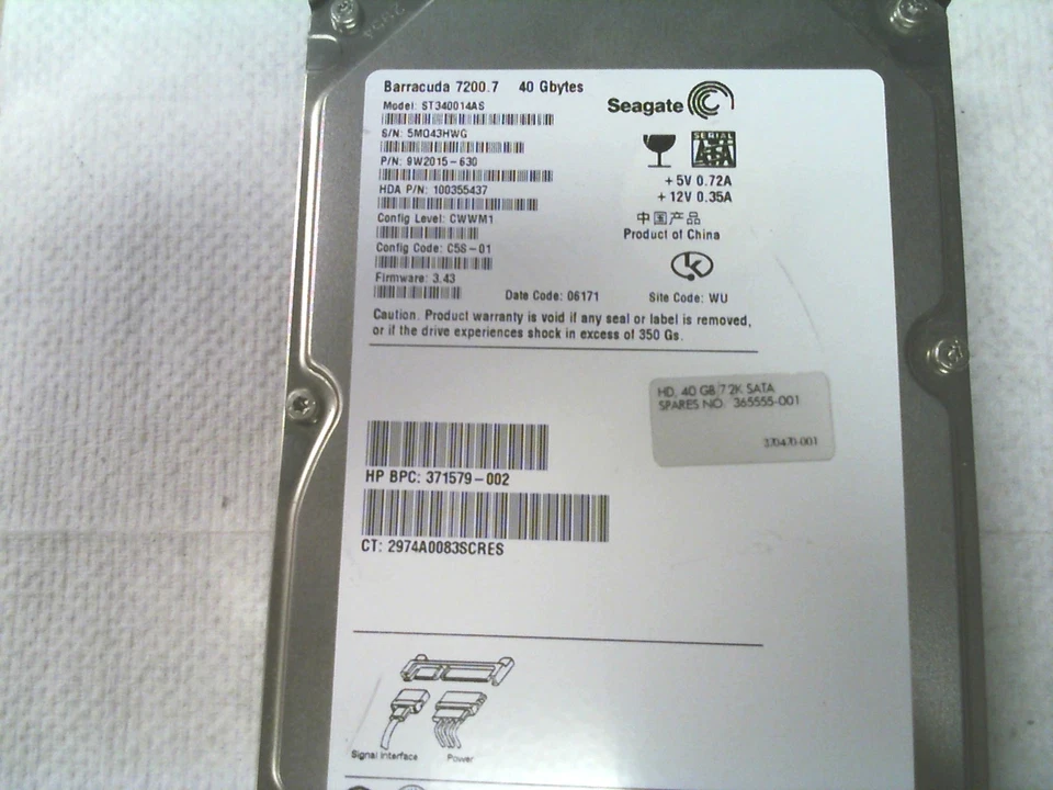 SEAGATE HP 40GB SATA HDD ST340014AS 9W2015-630 371579-002 365555-001 370470-001 - Image 1 of 2