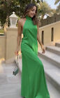 ZARA Long Dress Green Satin Halter Neck Low Back Backless XS S M L Apple Maxi