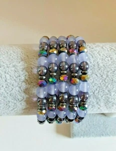 Handmade Beaded Healing Bracelet Purple Quartzite Glass Hematite - Picture 1 of 5