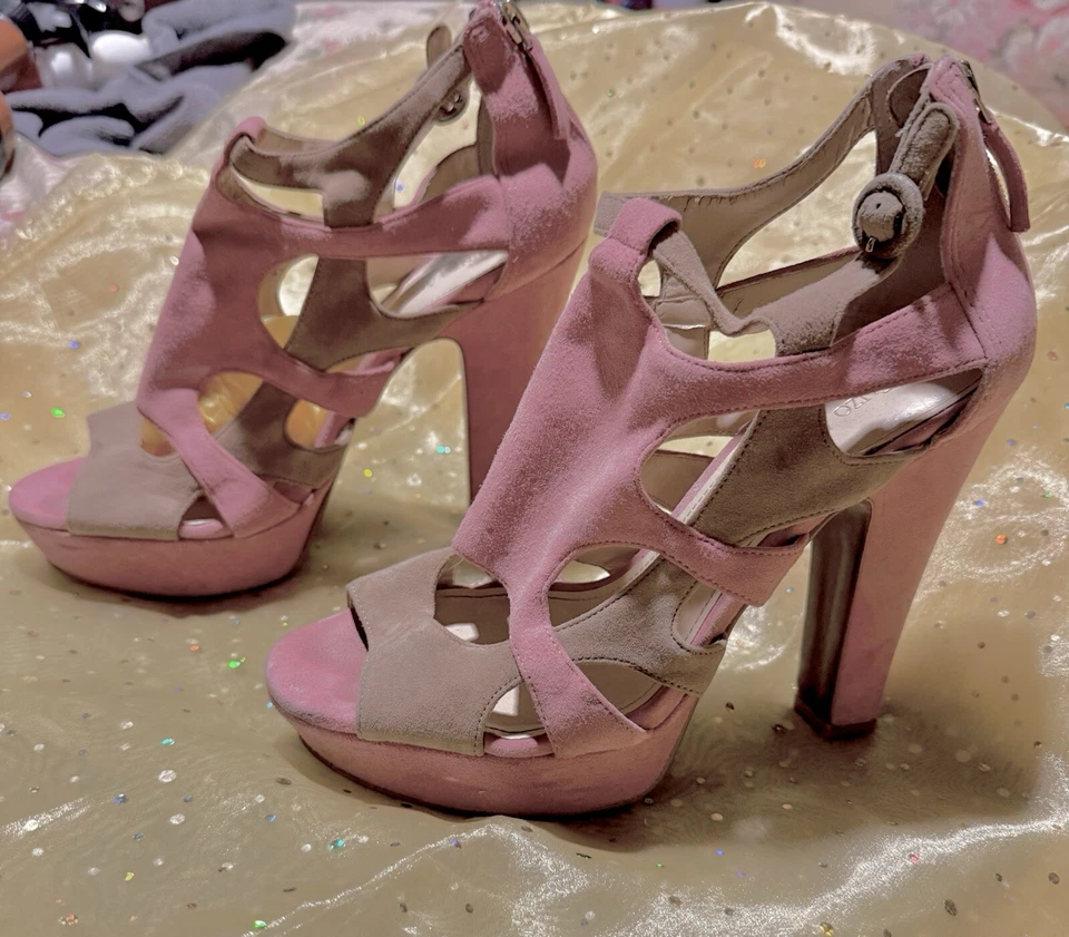 "Enzo Angiolini Rosa/Taupe Gamuza Sexy Tirantes Plataforma 5"" Tacones Talla 8 Cremallera Bk" Foto 1 de 4