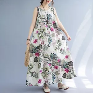 Women's Printed Cotton Linen Round Neck Sleeveless Dress - Picture 1 of 2