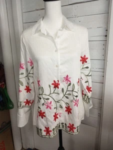 Ana L Rose Damen Medium Tunika Shirt Bluse weiß mit Blumenstickerei Boho  - Bild 1 von 9