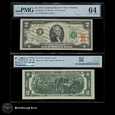 FR 1935-F 1976 $2 Two Dollar Bill First Day Stamp Cancel PMG 64 - Image 1 of 2