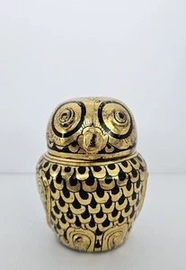 Vintage burmesische handbemalte Schmuckschatulle Gold & Schwarz Lack 3 Eulen - Bild 1 von 11