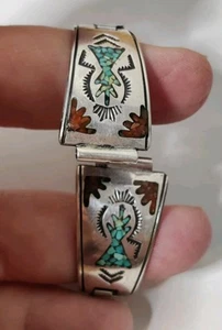 Vintage Navajo Nakai signiert Türkis Koralle Inlay Sterlingsilber Uhrenspitzen Band 5" - Bild 1 von 10