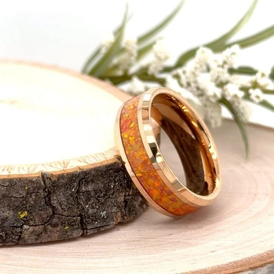 Anillo de tungsteno de oro rosa de 8 mm con incrustación de ópalo de fuego naranja banda unisex para regalo de Navidad Foto 1 de 4