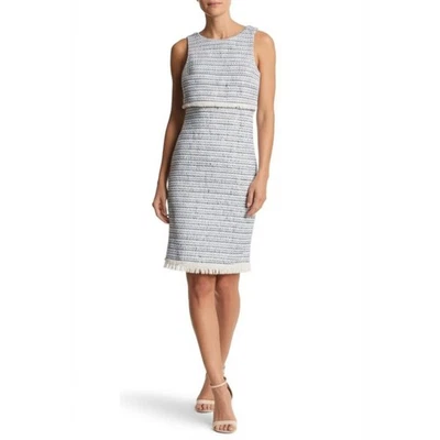 Vestido Vaina Ann Taylor Factory Tweed 4 Blanco Azul Sin Mangas Flecos Clásico Foto 1 de 4