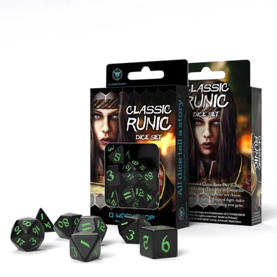 Juego De Dados Clásico Rúnico Negro Y Verde Para Juegos De Rol Q-Workshop NUEVO - Imagen 1 de 3