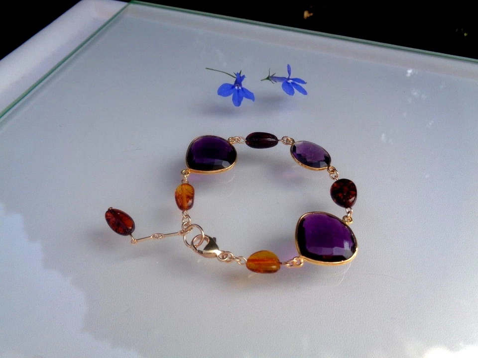 Gold Armband mit Amethyst und Bernstein, Gold Filled - Bild 1 von 2