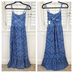 Aeropostale NWT Blue & White Bandana Print Spaghetti Strap Maxi Dress Sz Medium - Picture 1 of 6