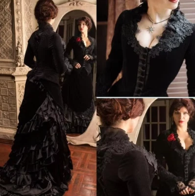 Victorian Wedding Dress Black Bustle velvet Historical Medieval Gothic Brida - Image 1 of 4